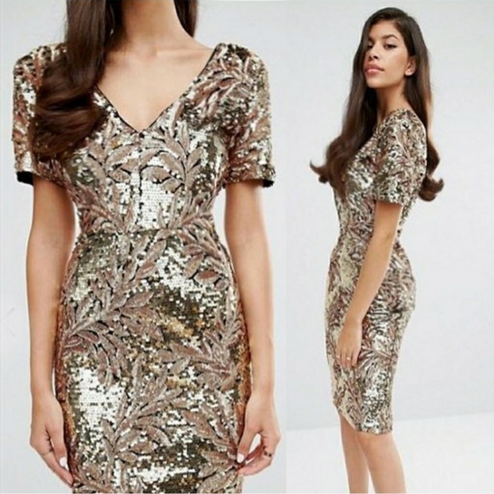 ASOS Club L Gold Sequin Midi Dress Size 2